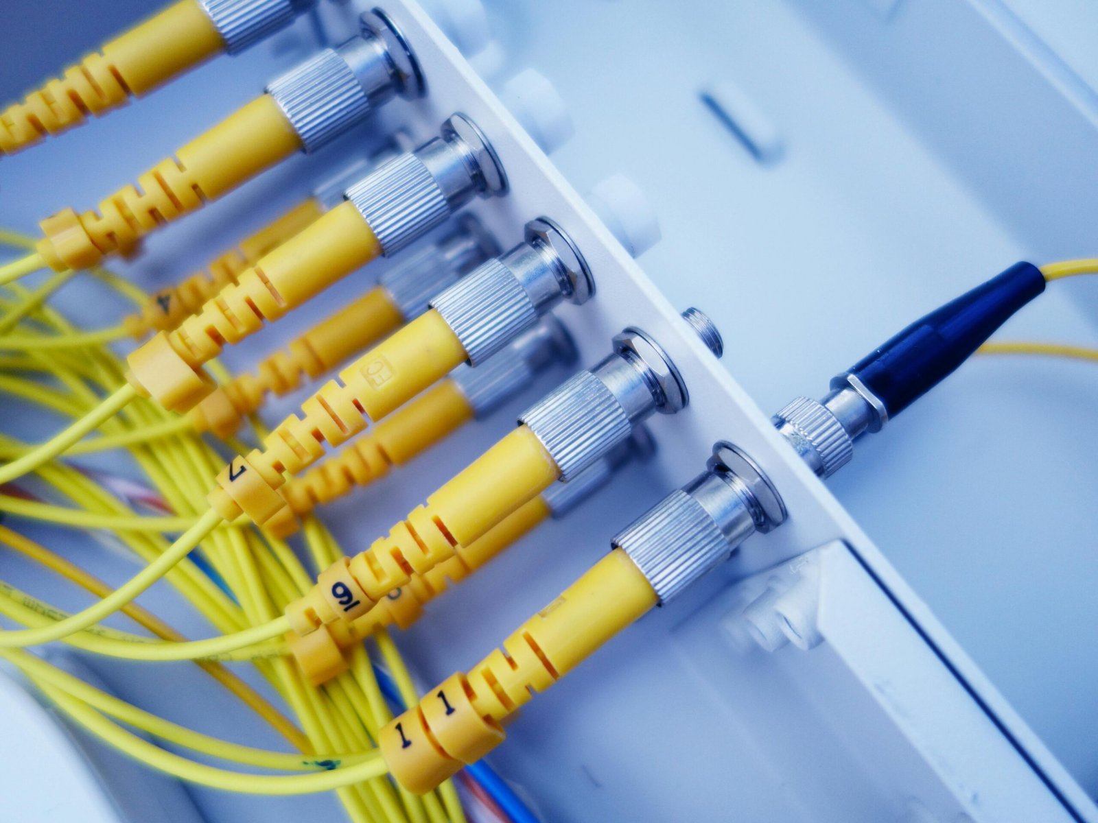 Primer plano de cables amarillos de fibra óptica en un servidor de red, mostrando una rápida transferencia de datos.